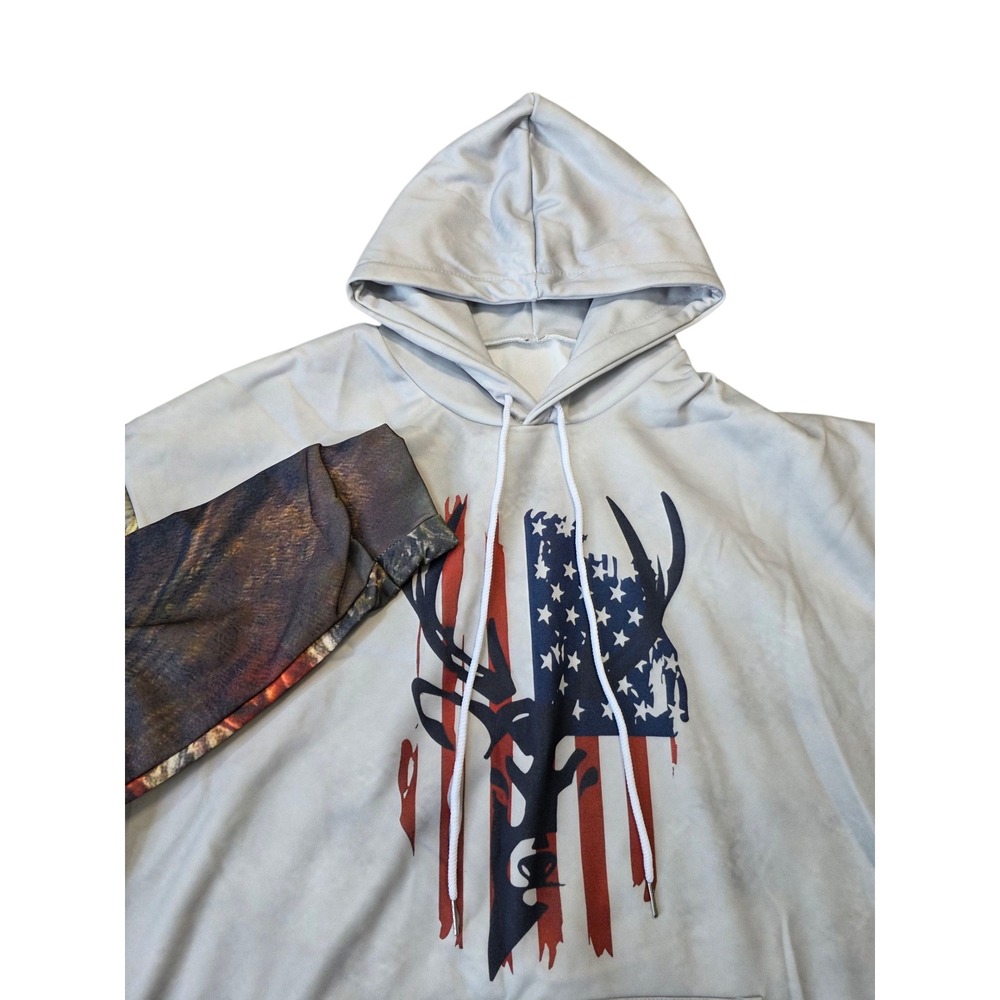 Deer American Flag Hoodie Hunting‎ Wildwest Graphic Print Pullover LARGE